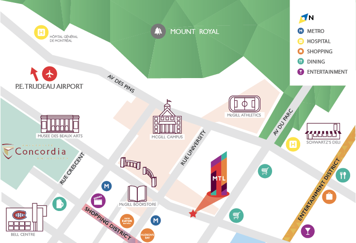 Une carte du centre-ville de Montréal montrant l'Université McGill et le Campus1 MTL. Une étoile indique que le Campus1 MTL est situé dans la même rue que McGill.